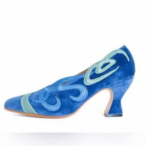John Fluevog Poser Hotchkiss Blue Velvet Embroidered Pumps Sz 7.5